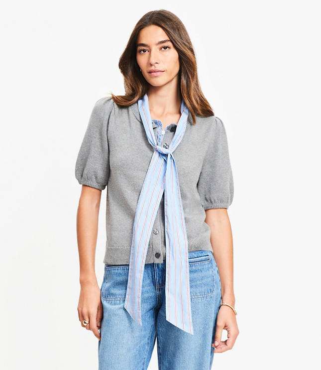 Petite Striped Mixed Media Puff Sleeve Cardigan
