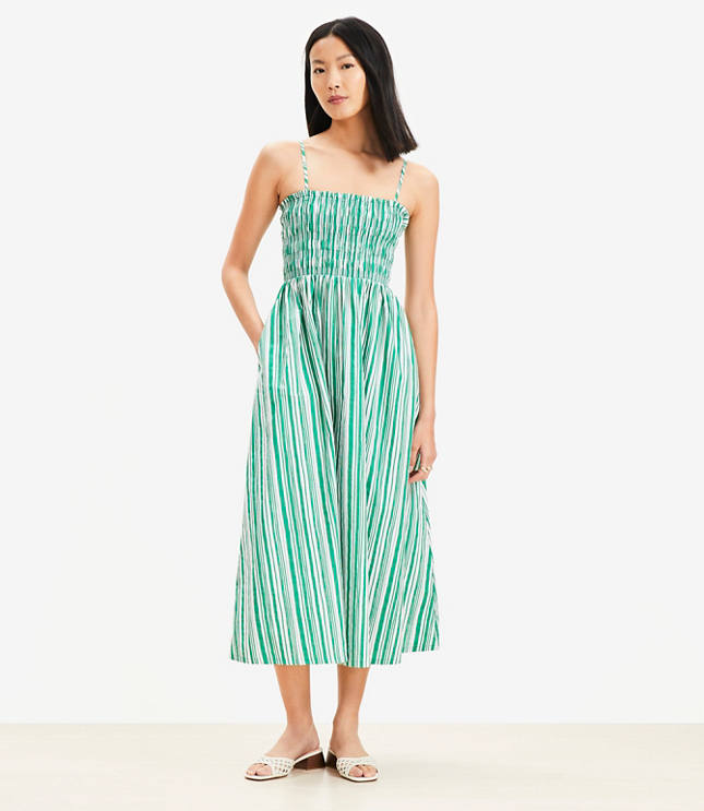 Petite Striped Poplin Smocked Strappy Maxi Dress
