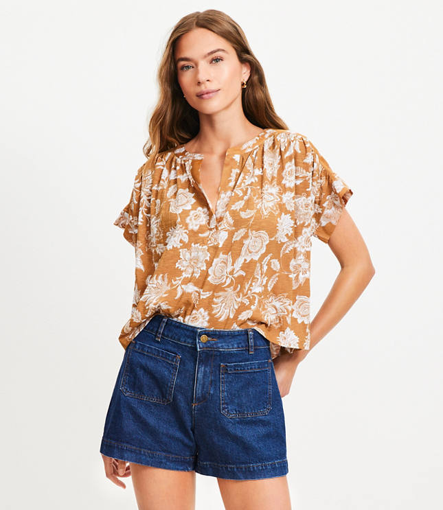 Floral Split Neck Mixed Media Top