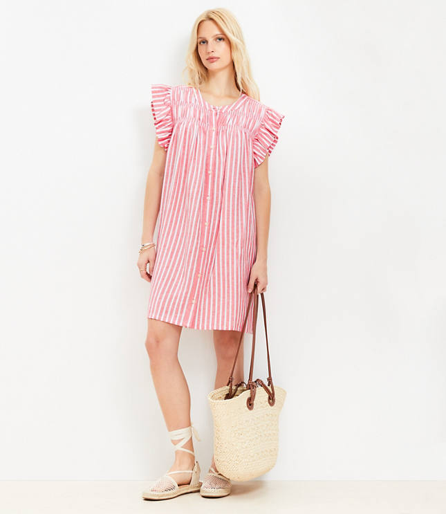 Petite Striped Linen Blend Flutter Shirtdress