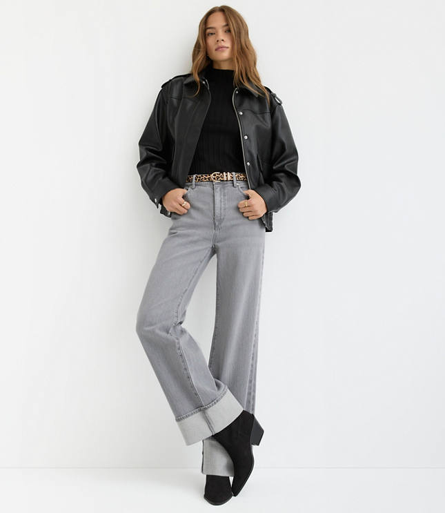 Cuffed High Rise Wide Leg Jeans in Grey
