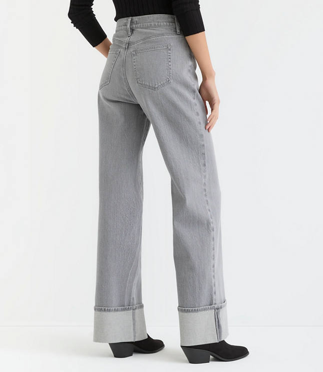 Cuffed High Rise Wide Leg Jeans in Grey