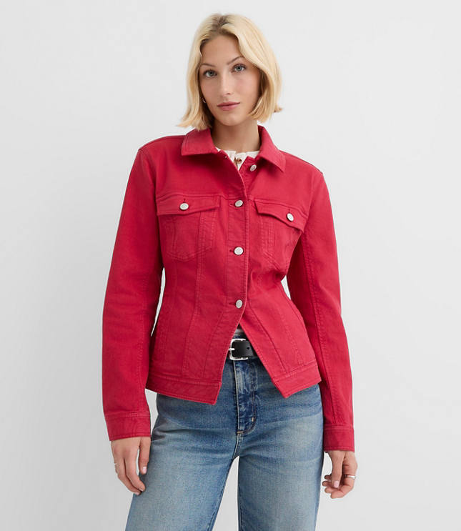 Belted Back Seamed Denim Jacket in Tango Red