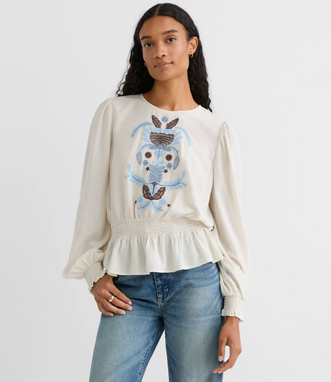 Embroidered Smocked Peplum Blouse