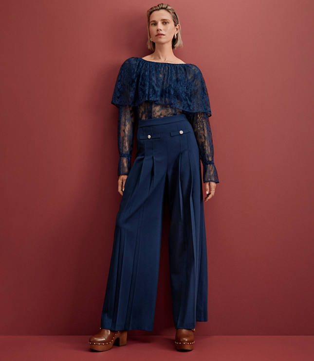 Petite Pleated Ultra Wide Leg Pants Twill