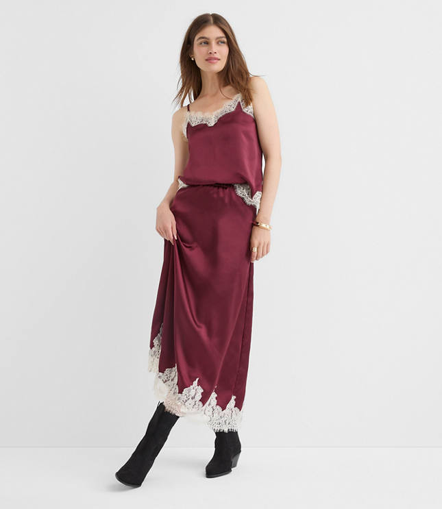 Lace Trim Satin Midi Skirt