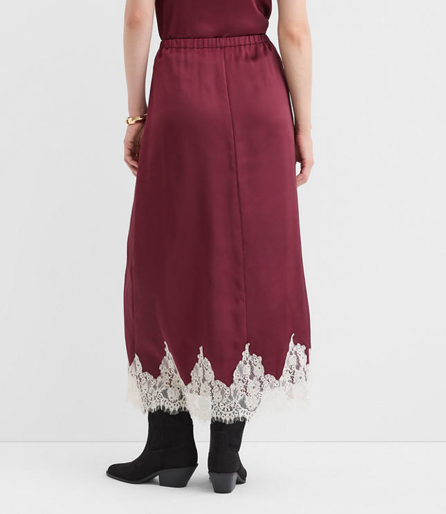 Lace Trim Satin Midi Skirt