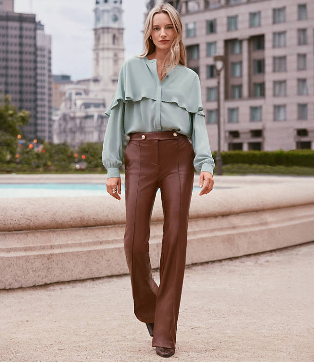 Petite Pintucked Flare Pants in Faux Leather