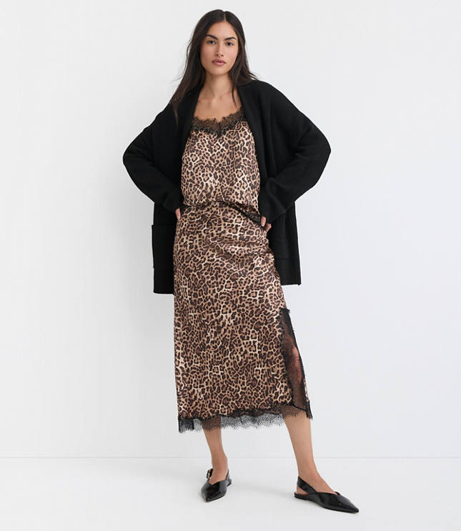 Petite Leopard Print Lace Trim Satin Bias Midi Skirt