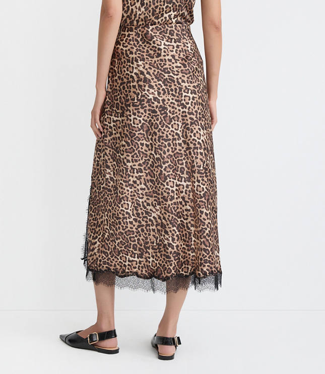 Petite Leopard Print Lace Trim Satin Bias Midi Skirt