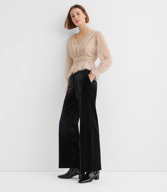 Velvet Dot Tulle Tie Back Peplum Blouse