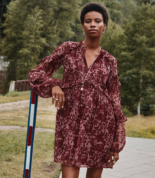 Shimmer Ruffle Tie Neck Mini Dress