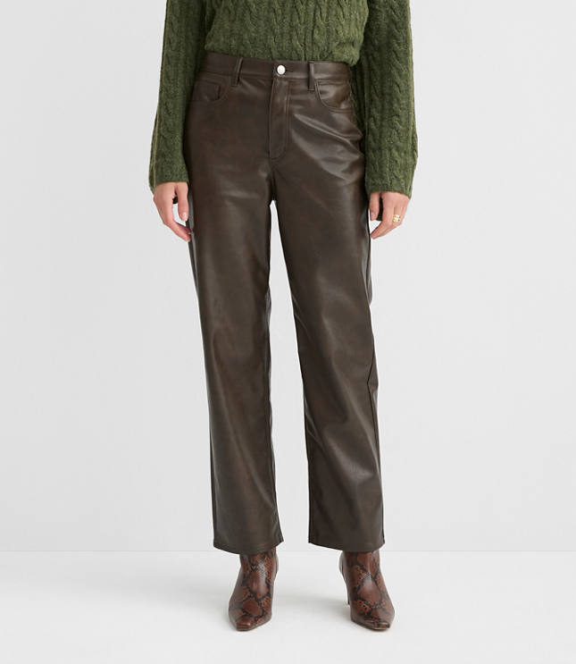 Petite Curvy Five Pocket Straight Pants in Faux Leather