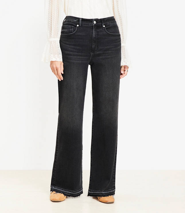 Petite Curvy Unpicked Hem High Rise Wide Leg Jeans in Washed Black