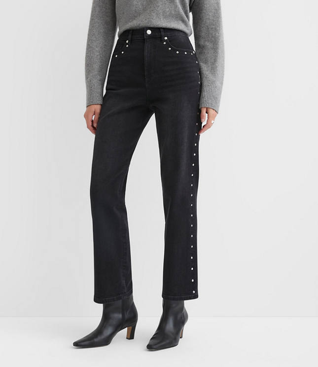 Studded High Rise Straight Jeans in Washed Black
