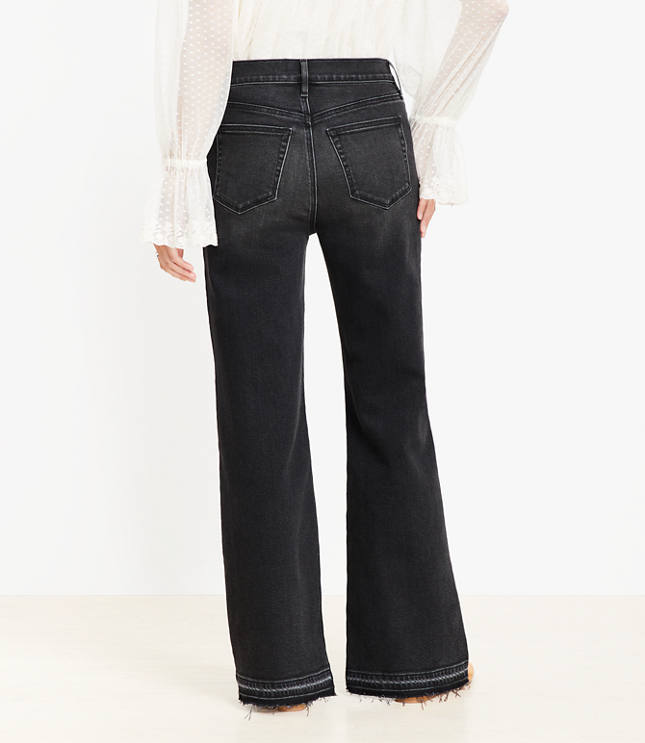 Curvy Unpicked Hem High Rise Wide Leg Jeans in Washed Black
