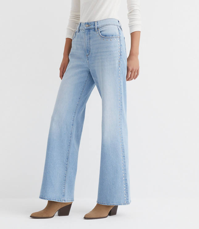 Curvy Studded High Rise Wide Leg Jeans In Mid Vintage Wash