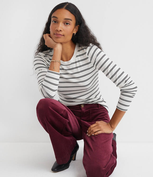 Petite Stripe Ribbed Crew Neck Long Sleeve Tee