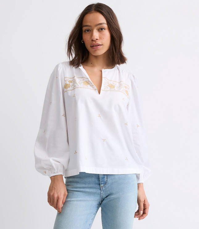 Floral Embroidered Split Neck Blouse