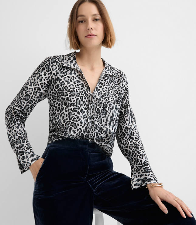 Leopard Print Slit Cuff Tie Neck Blouse