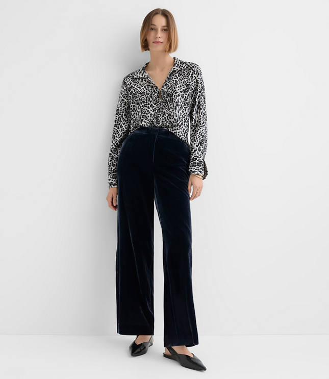 Leopard Print Slit Cuff Tie Neck Blouse