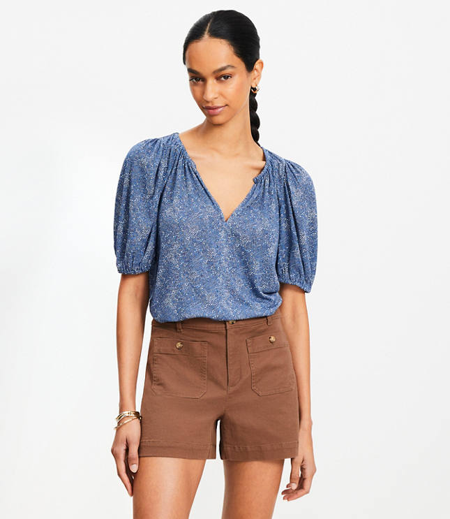 Paisley Puff Sleeve Split Neck Top