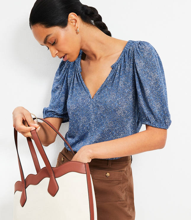 Paisley Puff Sleeve Split Neck Top