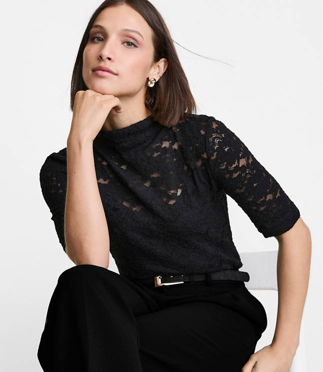 Petite LOFT Versa Lace Elbow Sleeve Turtleneck Top