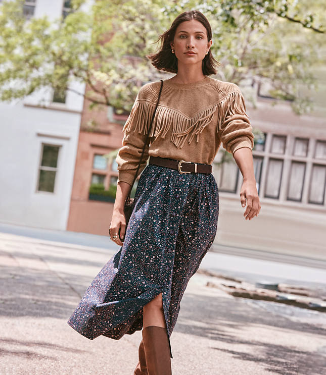 Petite Floral Poplin Button Midi Pocket Skirt