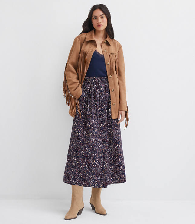 Petite Floral Poplin Button Midi Pocket Skirt
