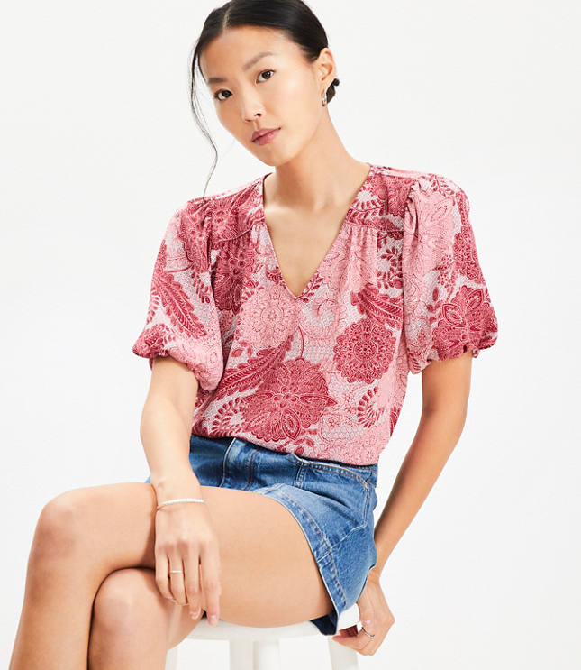 Floral Bubble Sleeve Mixed Media Blouse