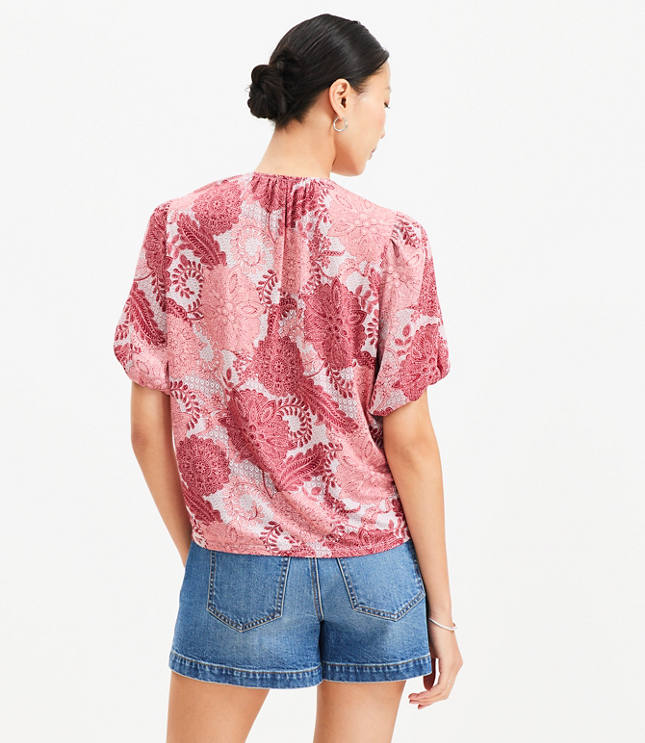 Floral Bubble Sleeve Mixed Media Blouse