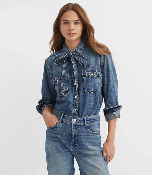 Petite Denim Bow Blouse Authentic Vintage Mid Wash
