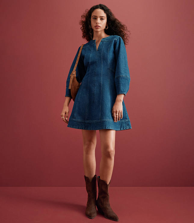 Petite Denim Barrel Sleeve Mini Dress