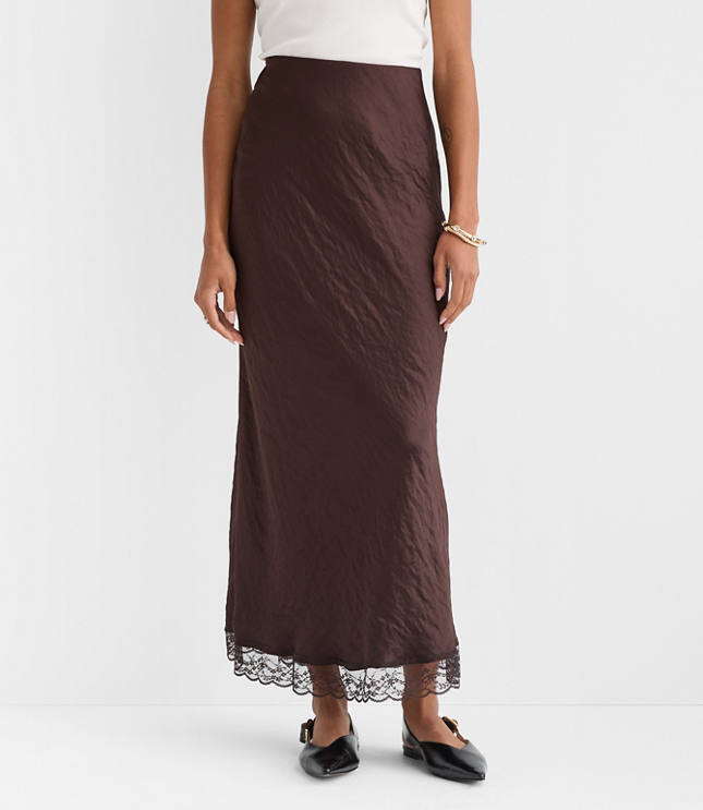 Petite Lace Trim Satin Bias Maxi Skirt