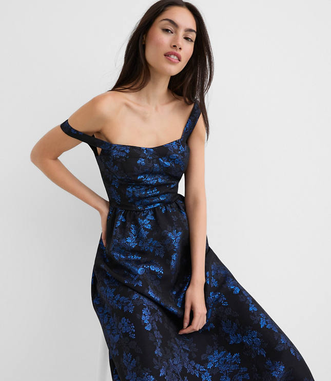 Shimmer Floral Corset Seamed Midi Pocket Dress