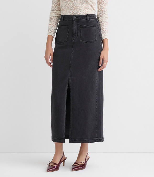 Denim Patch Pocket Maxi Skirt in Washed Black