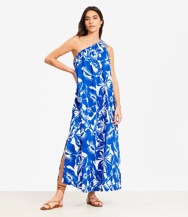 Petite LOFT Beach Tropical One Shoulder Swimsuit Coverup