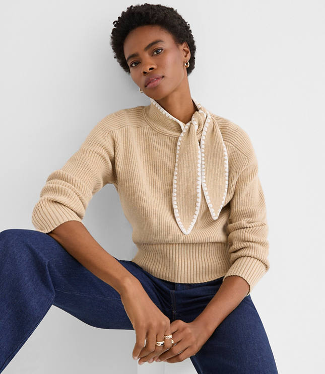 Contrast Stitched Tie Neck Sweater