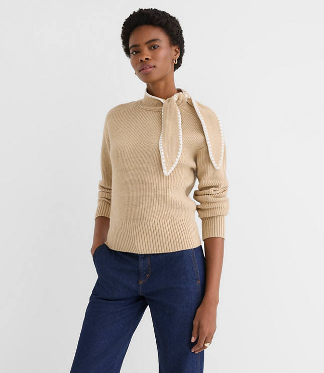 Contrast Stitched Tie Neck Sweater