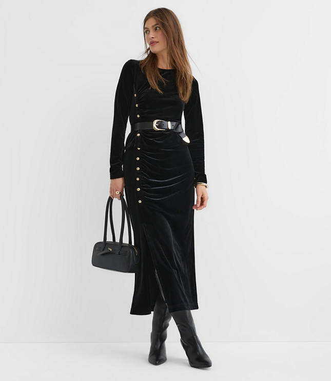 Velvet Ruched Button Midi Skirt