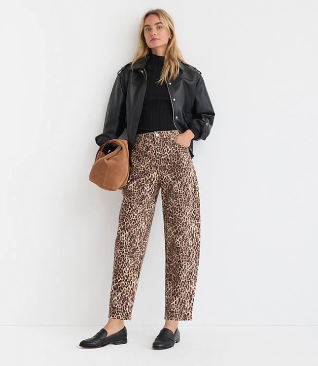 High Rise Barrel Jeans in Leopard Print