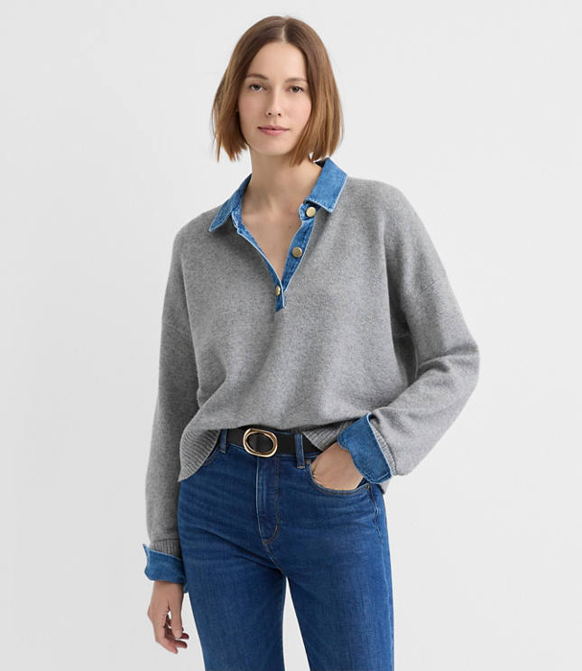Denim Trim Henley Sweater