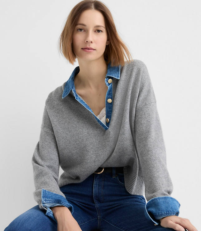 Denim Trim Henley Sweater