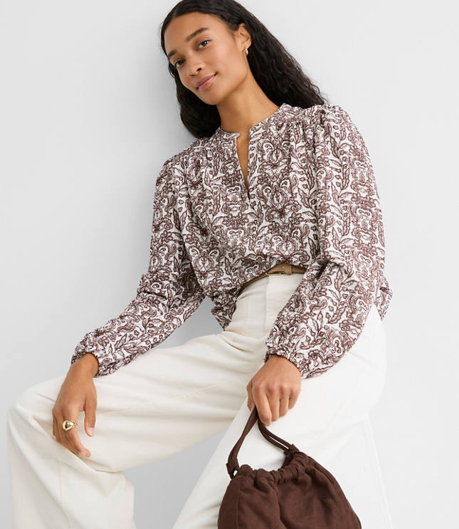 Lace Garden Crinkle Knit Split Neck Blouse