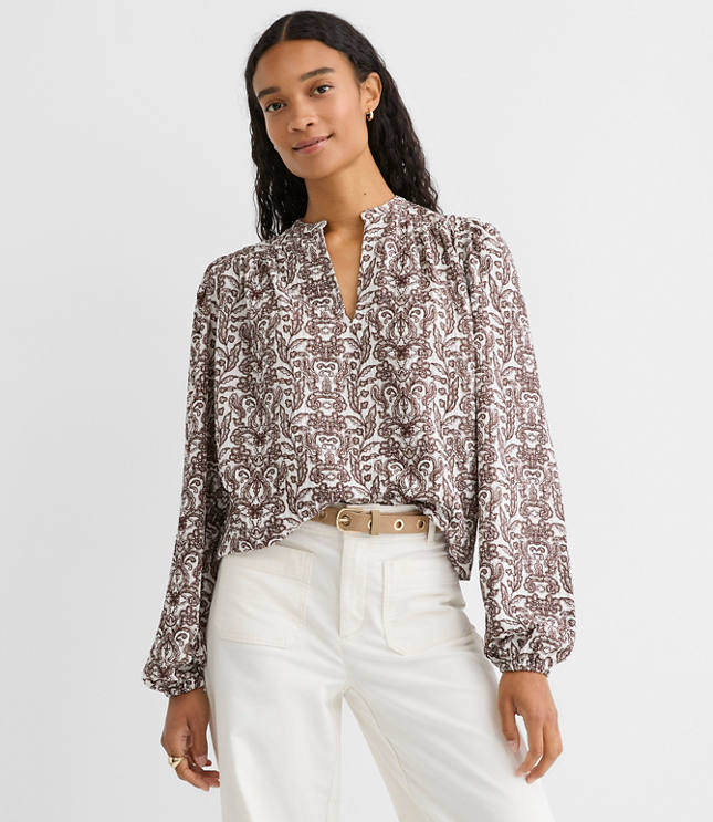 Lace Garden Crinkle Knit Split Neck Blouse