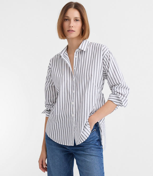 Striped Poplin Cutout Back Tunic Shirt