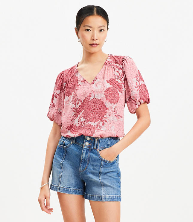 Loft Petite Floral Bubble Sleeve Mixed Media Blouse