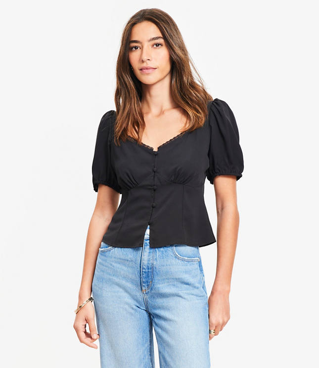 Lace Trim Sweetheart Neck Blouse