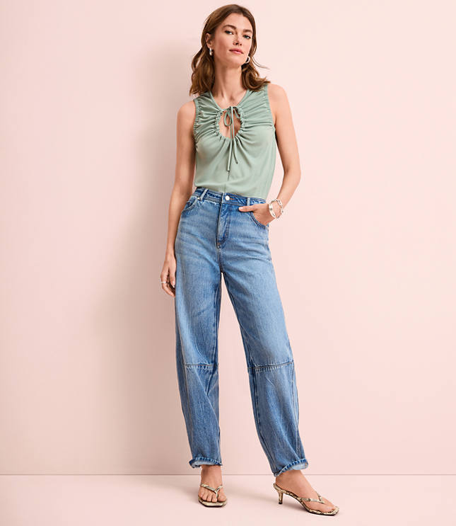 Seamed High Rise Barrel Jeans Vintage Distressed Wash